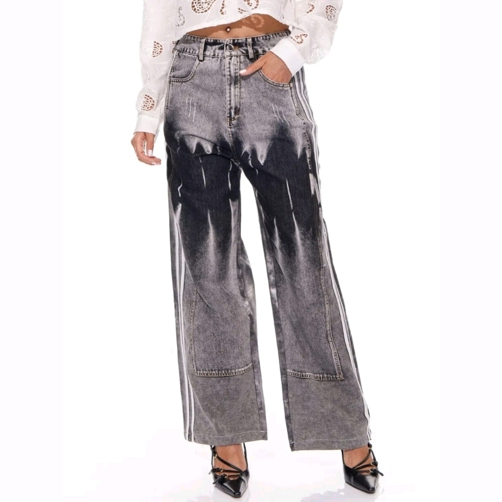 Galita Wide Leg Flame Jeans Black Gray Denim Cotton Blend Grunge